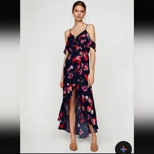 Express Floral Maxi Dress Small Blue Pink Ruffle High Low Wrap Faux Summer Boho